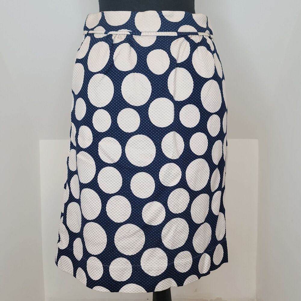 Boden Textured Polka Dot Skirt Size 4L Long Navy Blue Cream Cotton Lined Pencil